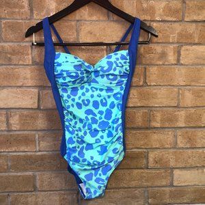 NEW Romenza Targa One Piece Swimsuit Size M Adjustable Straps Blue Leopard Print